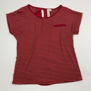 Robin K Blouse Womens Medium Round Neck Cap Sleeves Cut Out Back Red Tan Stripes